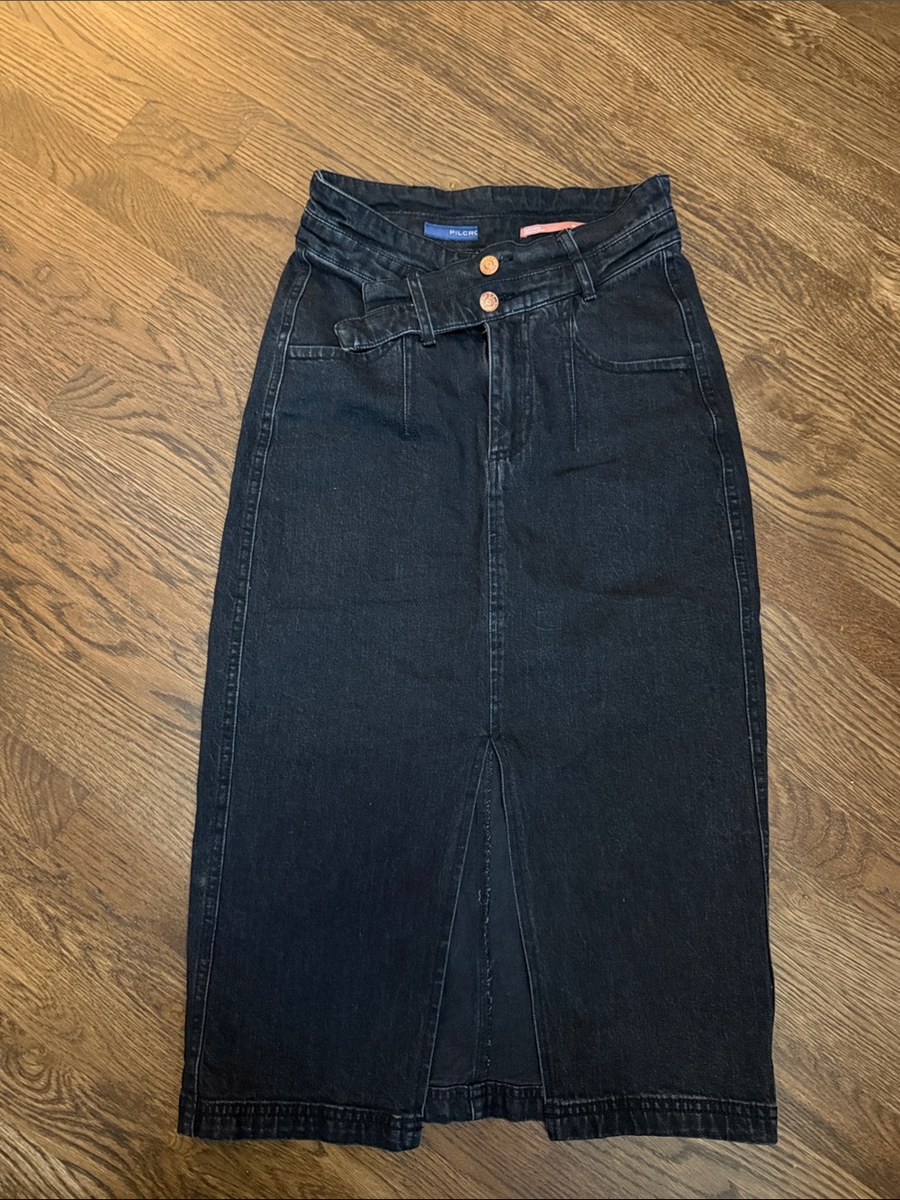 Anthropologie Black Denim High-Waist Midi Skirt with Front Slit